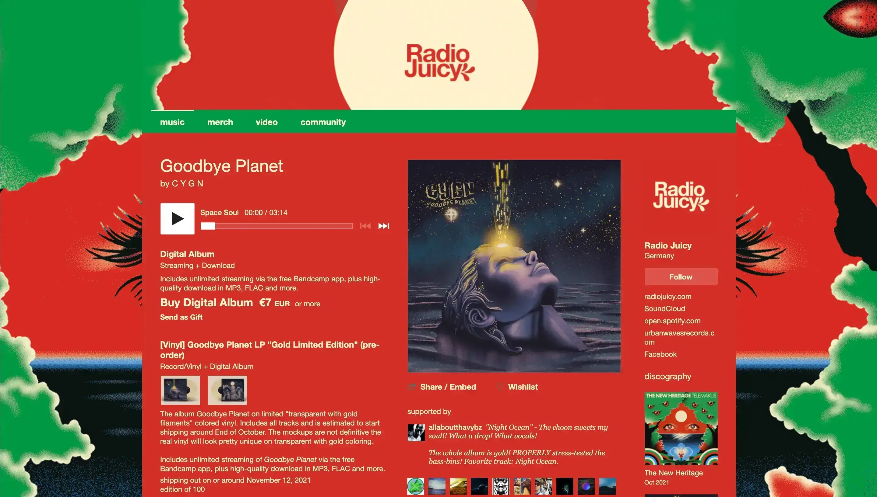 Screenshot of CYGN’s Bandcamp Page